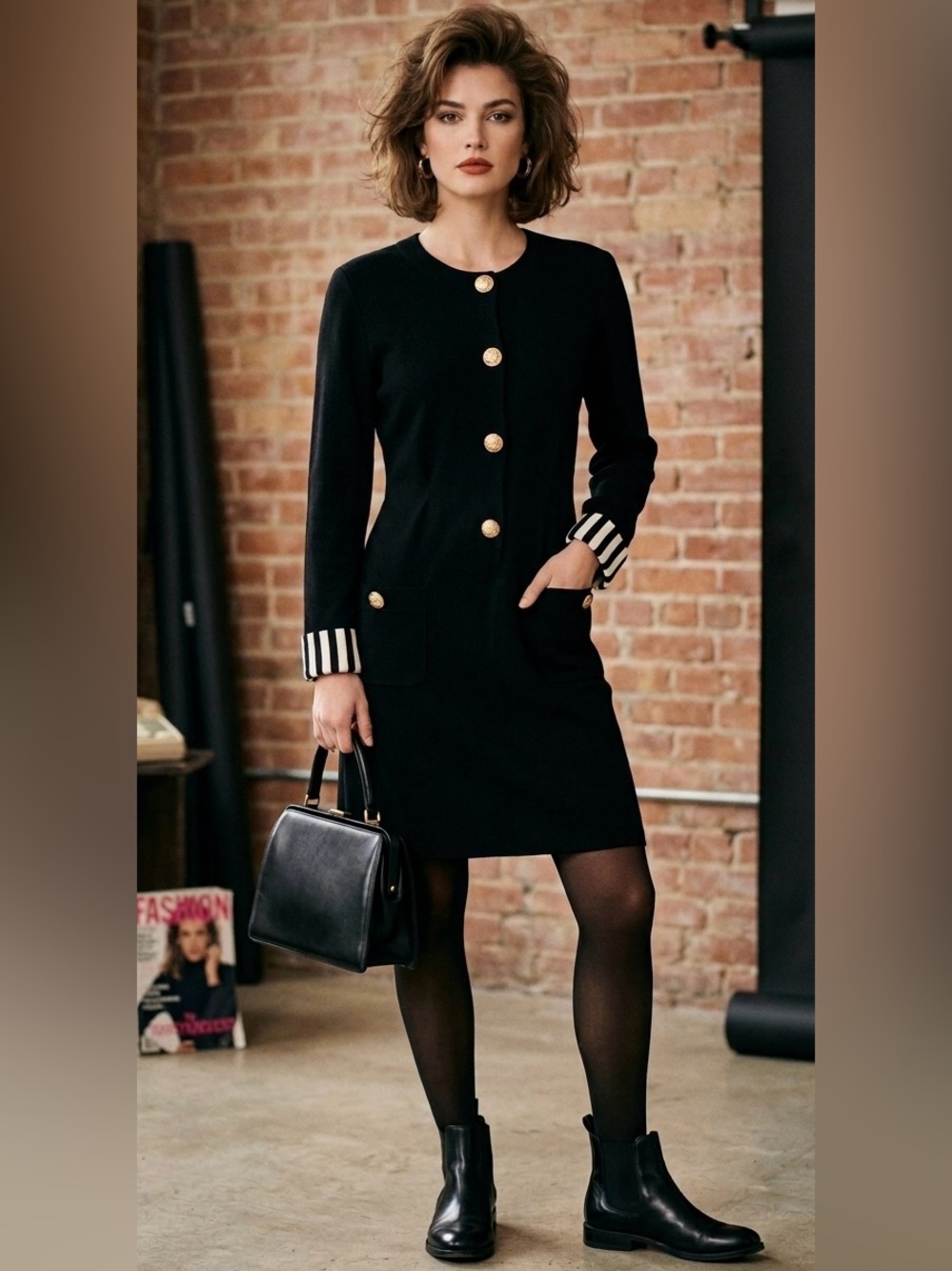 Vintage Adrienne Vittadini Black Cotton Long Sleeve Dress, Size 6
